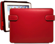 red Italian leather iPad holder with tab closures