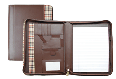 brown zippered leather padfolio with plaid fabric trim