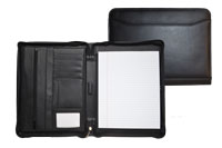 zippered black leather writing pad holder with numerous interior pockets